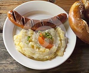 Bavarian food, grilled sausage and potato salad