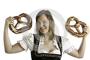 Bavarian Girl holds Oktoberfest Pretzels