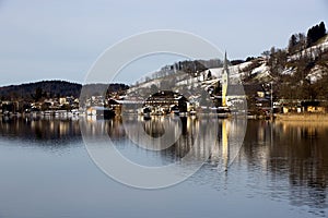 Bavarian lake Schliersee with blue sky in winter