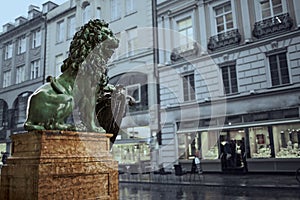 Bavarian lion statue at Munich Alte residence palace in Odeonplatz, old town munich