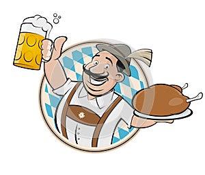 Bavarian man with beer and chicken sign