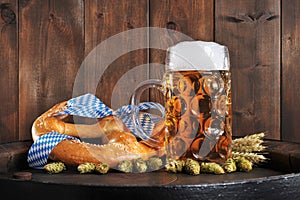 Bavarian Oktoberfest soft pretzel with beer