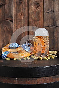 Bavarian Oktoberfest soft pretzel with beer