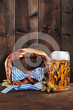 Bavarian Oktoberfest soft pretzel with beer