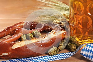 Bavarian Oktoberfest soft pretzel with beer