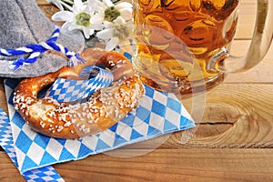 Bavarian Oktoberfest soft pretzel with beer