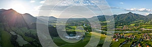 Bavarian Pre Alps. Sunset aerial panorama. Isar river valley. Lenggries Bad Toelz