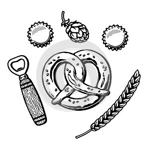 Bavarian pretzel, bottle opener, beer caps, hop cone, barley or wheat ear. Vector illustration