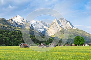 Bavarian serene landscape with snowy Alps mountains and spring flowering pasture in valley