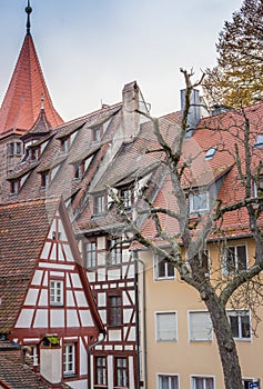 Bavarian traditional houses called fachwerkhaus. Medieval architecture. Exterior of ancient timbered buildings. Nuremberg landmark