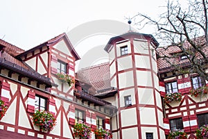 Bavarian traditional houses called fachwerkhaus. Medieval architecture. Exterior of ancient timbered buildings. Nuremberg landmark