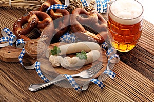 Bavarian veal sausage breakfast with sausages, soft pretzel and