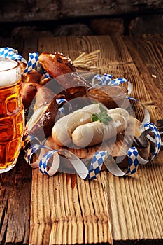 Bavarian veal sausage breakfast with sausages, soft pretzel and