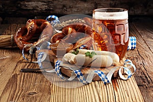 Bavarian veal sausage breakfast with sausages, soft pretzel and