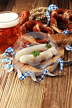 Bavarian veal sausage breakfast with sausages, soft pretzel and