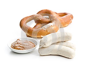 The bavarian weisswurst, pretzel and mustard.