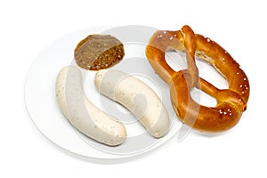 Bavarian white sausages with sweet mustard and pretzel