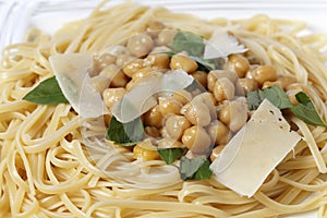 Bavette pasta and chickpeas meal closeup photo