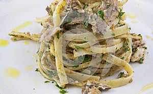 Bavette pasta with sardines and breadcrumbs, Italy