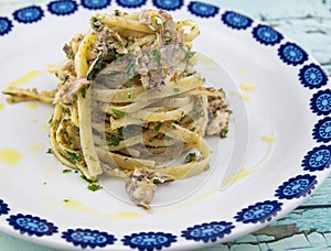 Bavette pasta with sardines and breadcrumbs, Italy