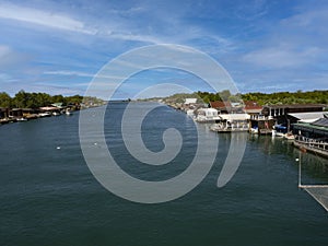 bay of Ada Bojana island is surrounded by fish restaurants. Albania