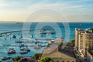 Bay of All Saints, the Lacerda Elevator viewpoint of view, with part of the building of the Mercado Modelo in Salvador, Bahia, photo