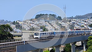 Bay Area Rapid Transit BART on overpass bridge in San Francisco Bay Area, California