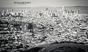 Bay Area Twin Peaks view of the San Francisco Downtown Cityscape Skyline Overlook Black and white