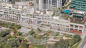 Bay Avenue Park near modern residential and office complex aerial timelapse at Business Bay