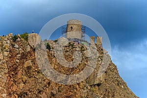 The Bay of Balaklava and the Ruins of Genoese fortress Cembalo. Balaklava, Crimea