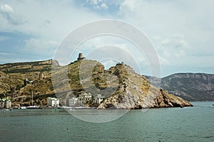 The Bay of Balaklava and the Ruins of Genoese fortress Cembalo. Balaklava, Crimea. beautiful seascape