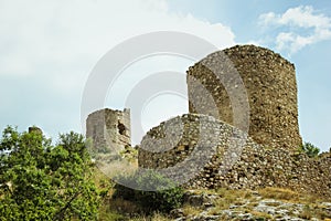 The Bay of Balaklava and the Ruins of Genoese fortress Cembalo. Balaklava, Crimea. beautiful seascape