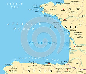Bay of Biscay, also known as Gulf of Gascony, political map