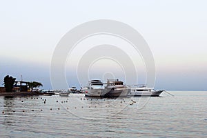 Bay and boats on the water. Resort on the Red sea coast, Safaga, Egypt