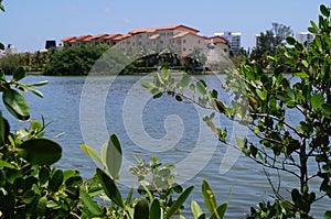 Bay with calm water overlooking the city of Cancun. Quintana Roo, Mexico