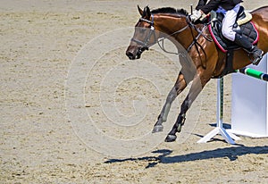 Bay dressage horse and rider in uniform performing jump at show jumping competition.