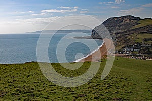 The bay at the the English town of Seatown in Dorset on the Jurassic coast photo