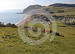 The bay at the the English town of Seatown in Dorset on the Jurassic coast photo