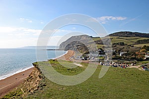 The bay at the the English town of Seatown in Dorset on the Jurassic coast. On the coastal path between Charmouth and West Bay. photo
