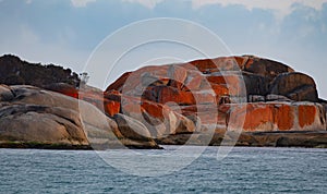 Bay of Fires has massive granite rocks marked with orange lichen