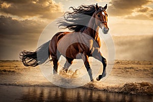 Bay horse galloping in water at sunset, equestrian sport