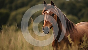 Bay horse grazing in tranquil meadow at sunset, close up portrait generated by AI