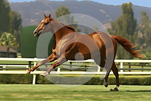 Bay horse run gallop on desert sand against blue sky. Neural network AI generated