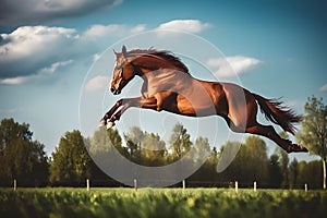 Bay horse run gallop on desert sand against blue sky. Neural network AI generated