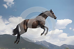 Bay horse run gallop on desert sand against blue sky. Neural network AI generated