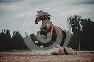 Bay horse run gallop on desert sand against blue sky. Neural network AI generated