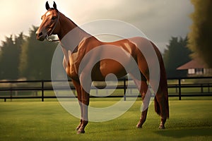 Bay horse run gallop on desert sand against blue sky. Neural network AI generated