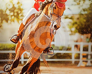 On a bay horse in the saddle, a rider gallops through the arena at a fast gallop, raising dust, illuminated by sunlight.