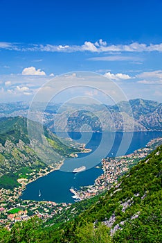 Bay of Kotor airview with cruise ship, Adriatic Sea, Montenegro