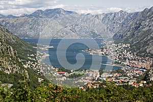Bay of Kotor. Beautiful view of the Adriatic coast and Kotor bay on a cloudy windy day